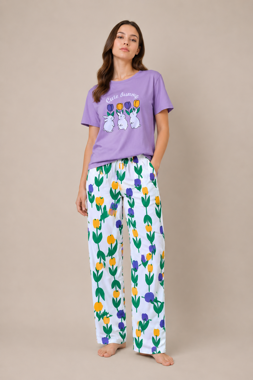 Women's Bunny Print Lilac Night Suit – Soft Graphic T-Shirt & Floral Pajama Set